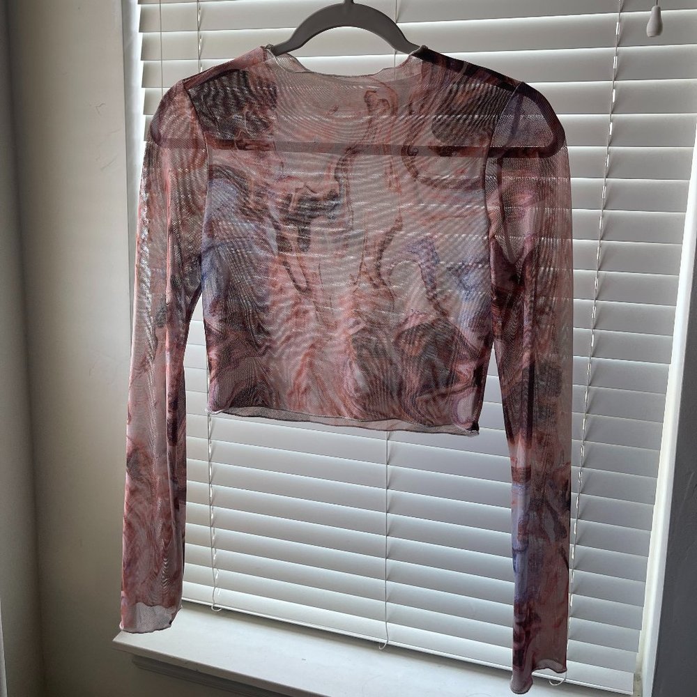 Mock Neck Marble Print Mesh Top